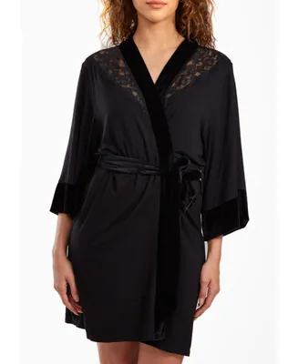 iCollection Women's Layna Velore and Velvet-Textured Lace Trimmed Self Tie Robe