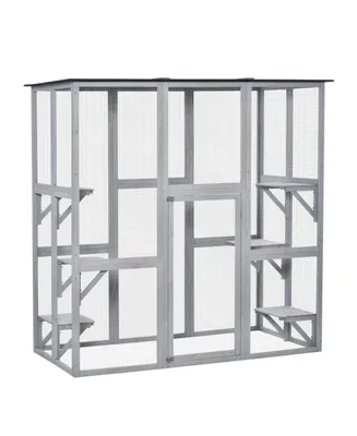 PawHut Large Catio Enclosure Shelter Cage 6 Cat Platforms Grey