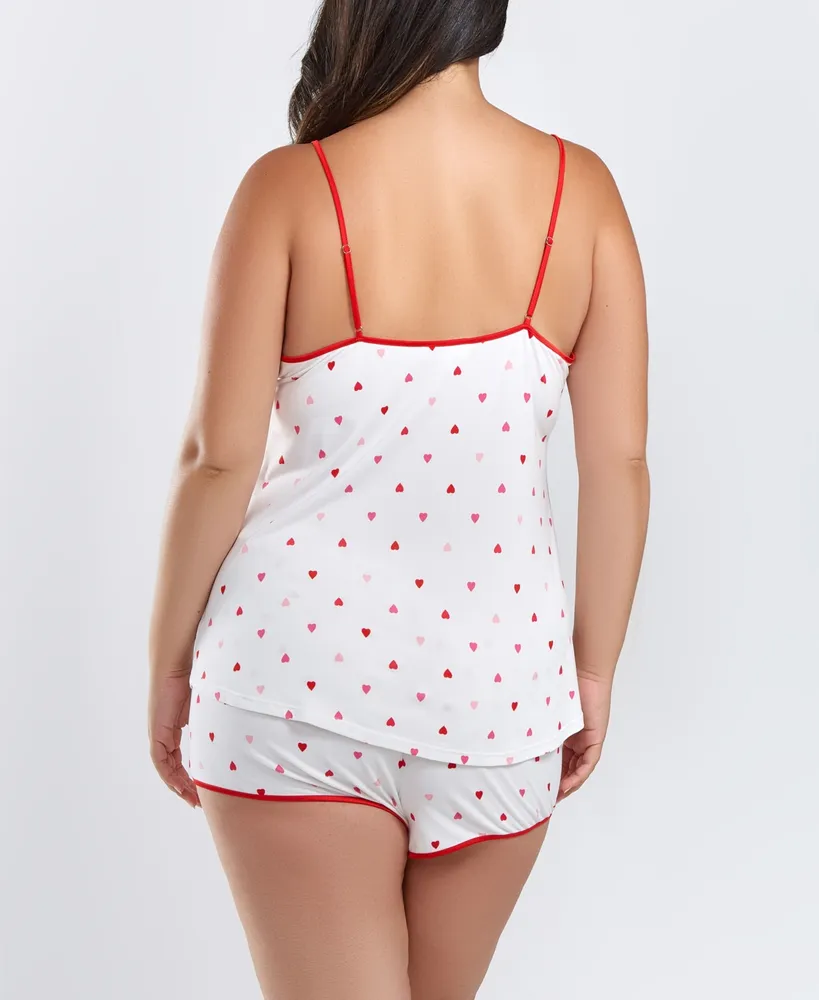 iCollection Kyley Plus Heart Printed Pajama Short Set Trimmed Red - White