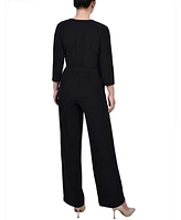 Ny Collection Petite Short 3/4 Sleeve Belted Wide Leg Jumpsuit