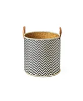 Baum Round Palm Leaf Woven Baskets with Faux Leather Handles, Set of 3