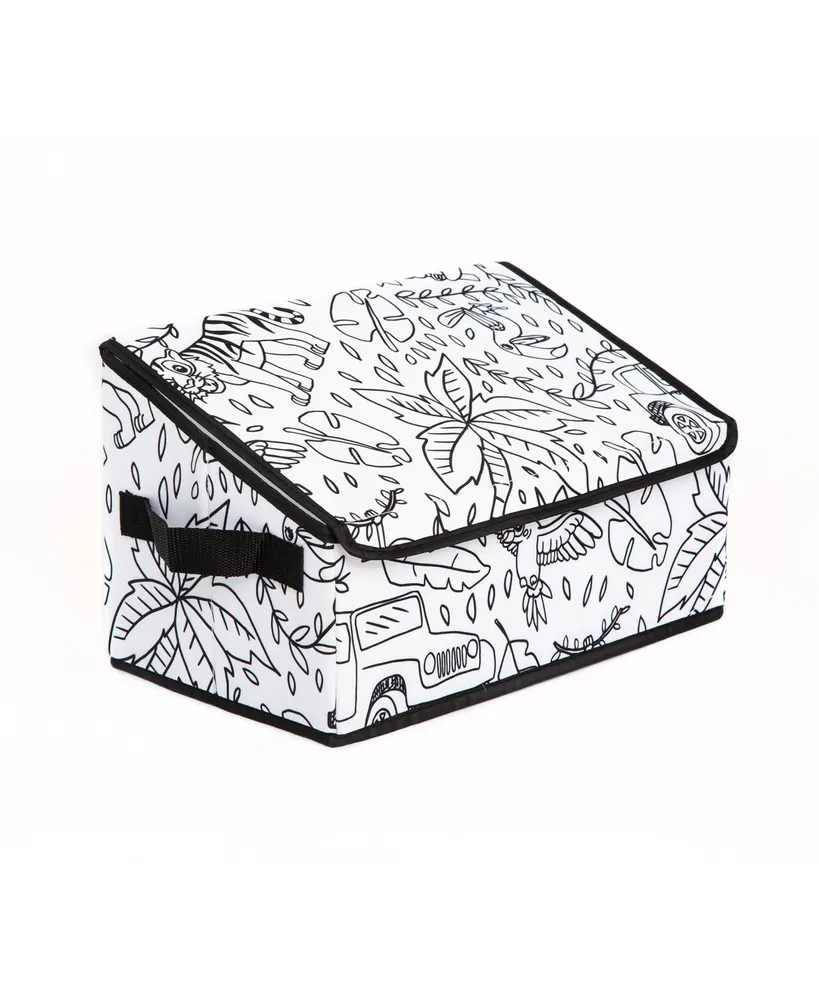 Baum Kid's Coloring Jungle Print Angled Storage Bin with Lid and 4 Washable Markers Set