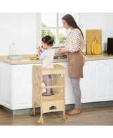 Qaba Kids Kitchen Foldable Step Stool w/ Support Safety Rails, Natural