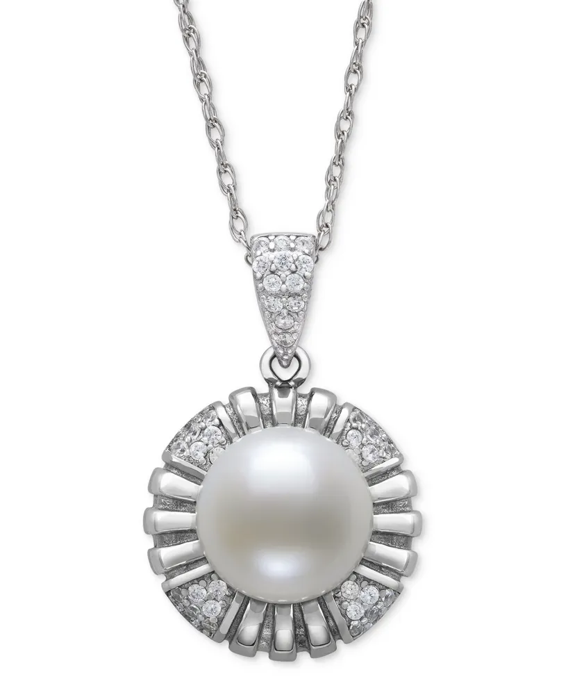 Belle de Mer Cultured Freshwater Button Pearl (10mm) & Lab-Created White Sapphire (1/2 ct. t.w.) Flower 18" Pendant Necklace in Sterling Silver