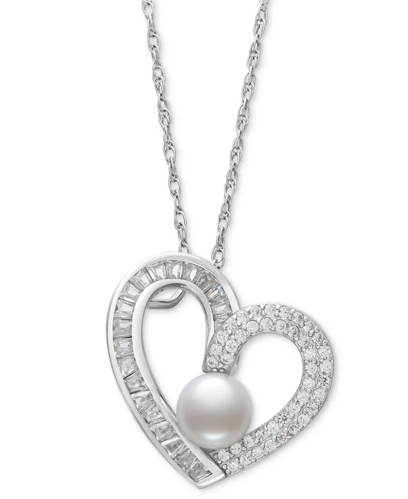 Belle de Mer Cultured Freshwater Button Pearl (6mm) & Cubic Zirconia Heart 18" Pendant Necklace in Sterling Silver