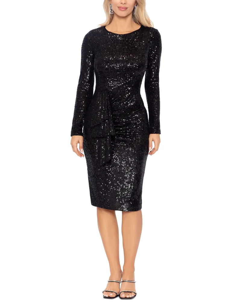 Xscape Women's Long-Sleeve Ruffle-Front Sequin Dress