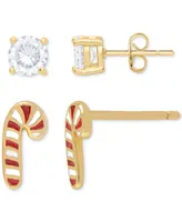 2-Pc. Set Lab-grown White Sapphire (1/3 ct. t.w.) & Enamel Candy Cane Stud Earrings in 14k Gold-Plated Sterling Silver