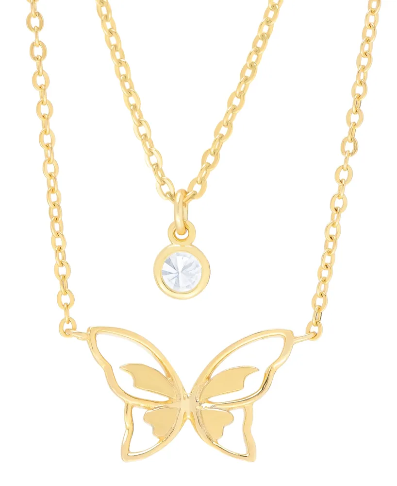 Lab-grown White Sapphire Bezel & Butterfly Layered Pendant Necklace (1/3 ct. t.w.) in 14k Gold-Plated Sterling Silver