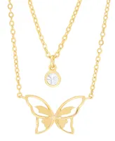 Lab-grown White Sapphire Bezel & Butterfly Layered Pendant Necklace (1/3 ct. t.w.) in 14k Gold-Plated Sterling Silver