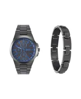 American Exchange Men's Quartz Movement Shiny Gunmetal Bracelet Analog Watch, 43mm with Pendant Necklace and Bracelet Set