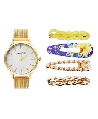 Jessica Carlye Women's Quartz Movement Gold-Tone Mesh Bracelet Analog Watch, 36mm with Hair Pin Set - Shiny Gold