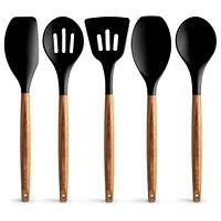 Zulay Kitchen 5 Piece Silicone Utensils Set with Authentic Acacia Wood Handles