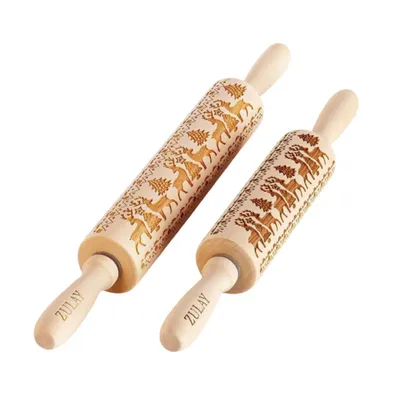 Wooden Carved Christmas Rolling Pin 2-Pc.