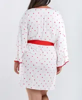 iCollection Kyley Plus Heart Print Robe with Contrast Self Tie Sash and Red Trim - White