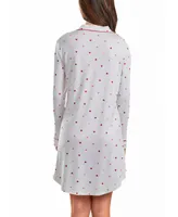 iCollection Kyley Plus Heart Print Button Down Sleep Shirt with Contrast Red Trim - White