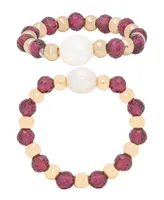 Macy's Gold Plated Simulated Garnet and Simulated Imitation Pearl Stretch Ring - Gold