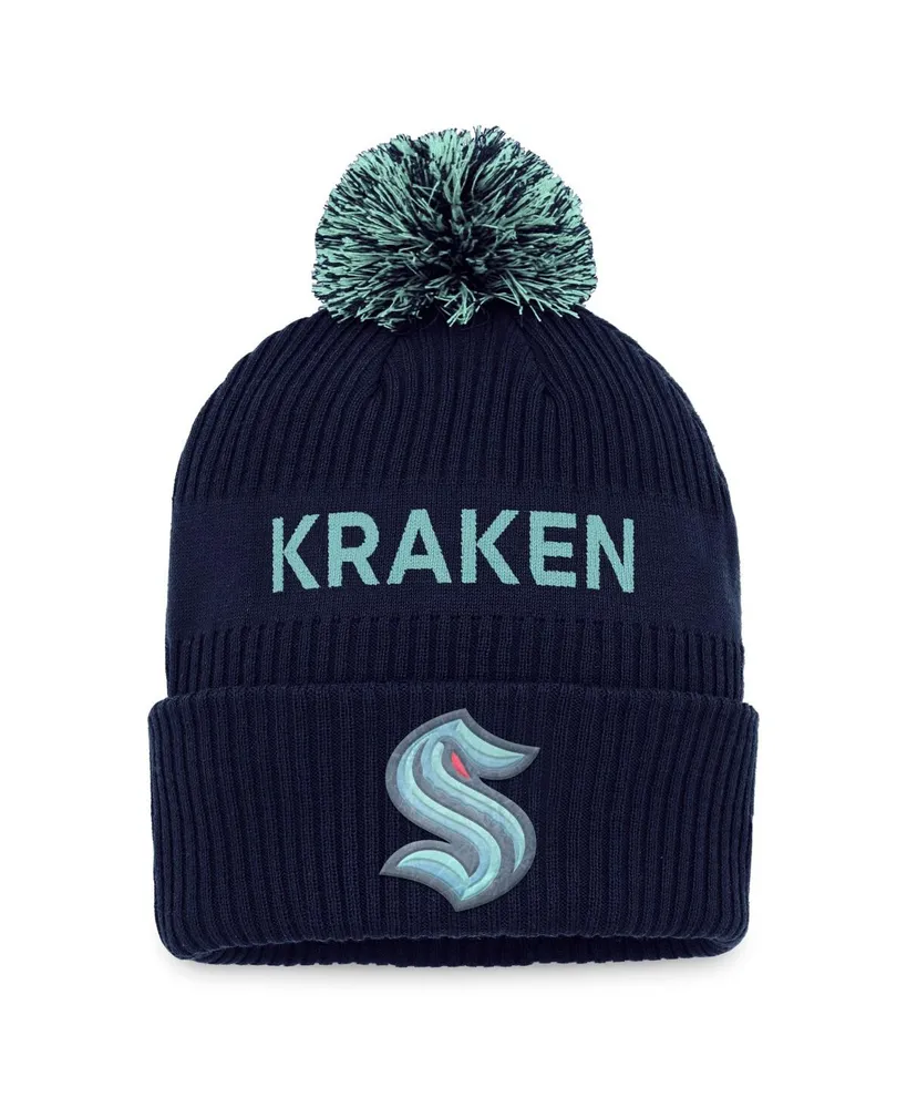 Men's Fanatics Deep Sea Blue, Light Blue Seattle Kraken 2022 Nhl Draft Authentic Pro Cuffed Knit Hat with Pom