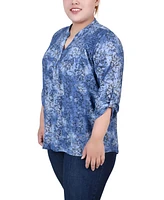 Ny Collection Plus Size 3/4 Roll Tab Sleeve Smocked-Yoke Top