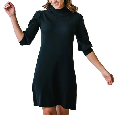 Hope & Henry Women's Long Puff Sleeve Mock Neck Sweater Dress