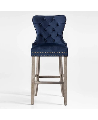 Tufted Upholstered Velvet Bar Stool with Metal Footrest