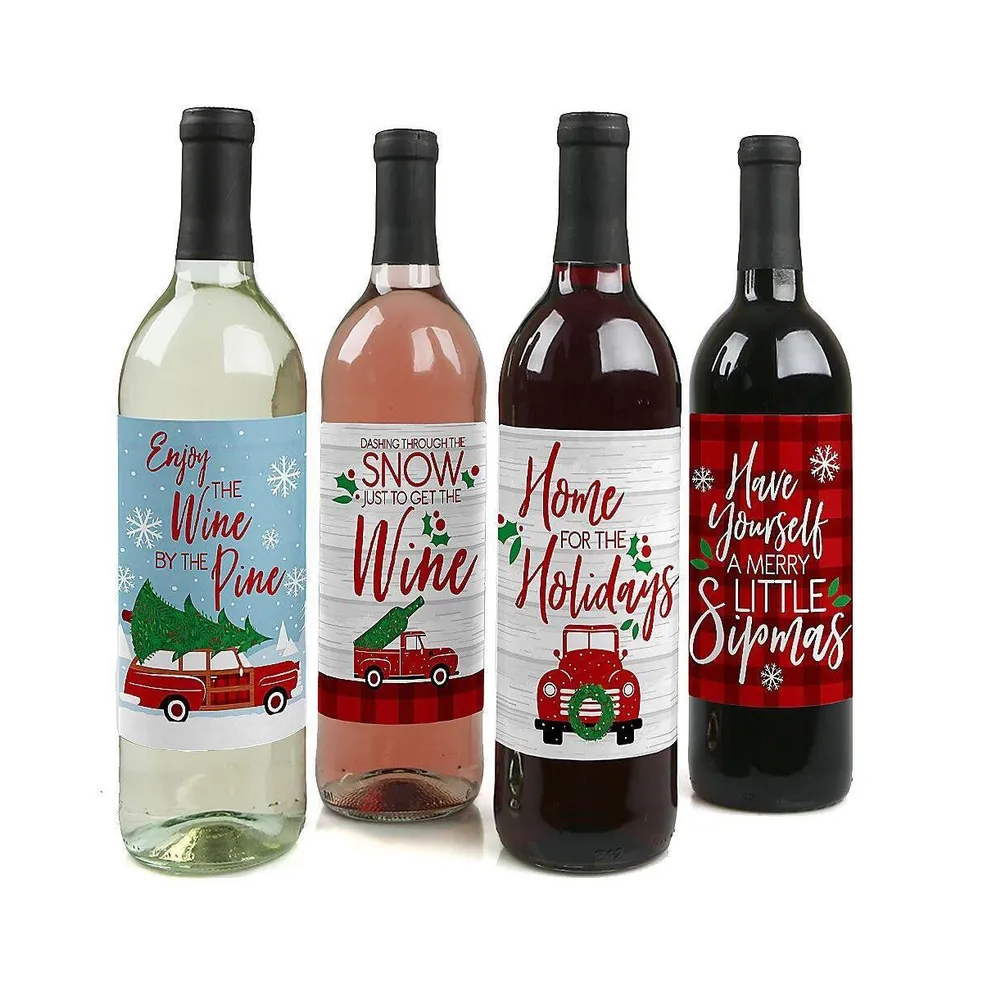 Merry Little Christmas Tree - Red Truck Party Wine Bottle Label Stickers - 4 Ct