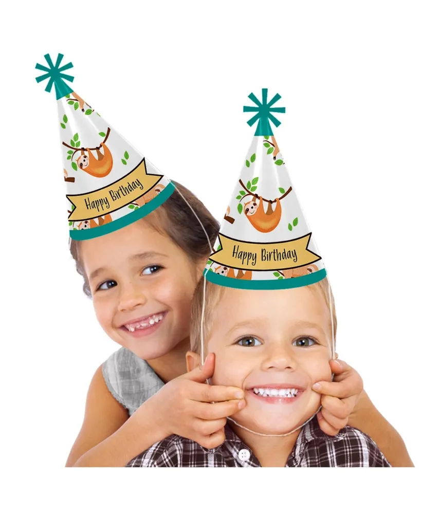 Let's Hang - Sloth - Cone Happy Birthday Party Hats - Set of 8 (Standard Size)