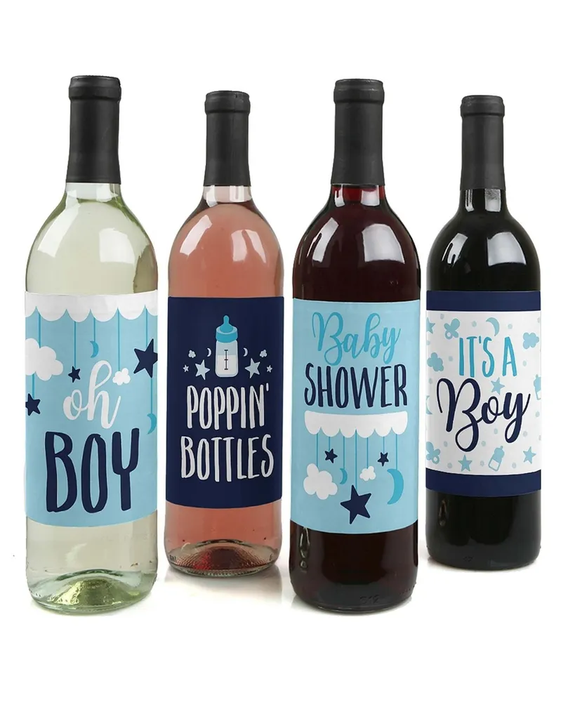 It's a Boy - Blue Baby Shower Decor - Wine Bottle Label Stickers - 4 Ct