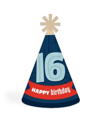Boy 16th Birthday - Cone Happy Birthday Party Hats Standard Size 8 Count
