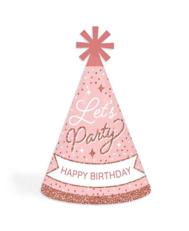 Pink Rose Gold Birthday - Cone Happy Birthday Party Hats - 8 Ct (Standard Size)