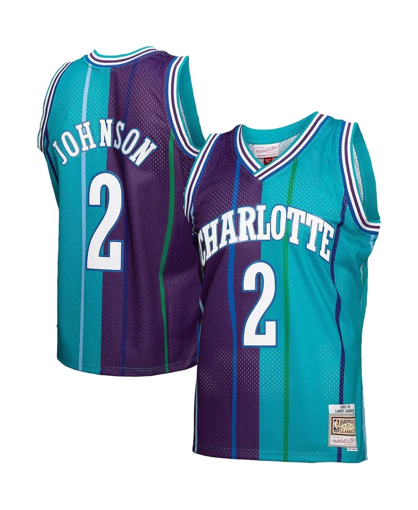 Men's Mitchell & Ness Larry Johnson Teal, Purple Charlotte Hornets Hardwood Classics 1992-93 Split Swingman Jersey