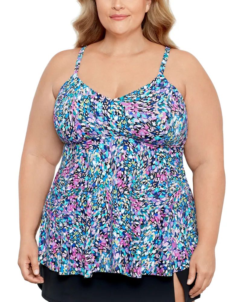 Swim Solutions Plus Printed V-Neck Underwire Tankini Top, Created for Macy's