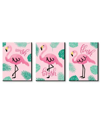 Pink Flamingo - Wall Art - 7.5 x 10 inches - Set of 3 Signs - Wash, Brush, Flush