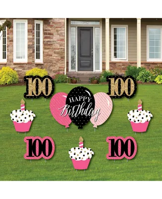 Chic 100th Birthday - Pink, Black & Gold - Yard Sign & Lawn Decor - Set of 8