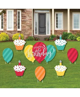 Colorful Happy Birthday - Cupcake & Balloon Yard Sign & Lawn Decor - Set of 8