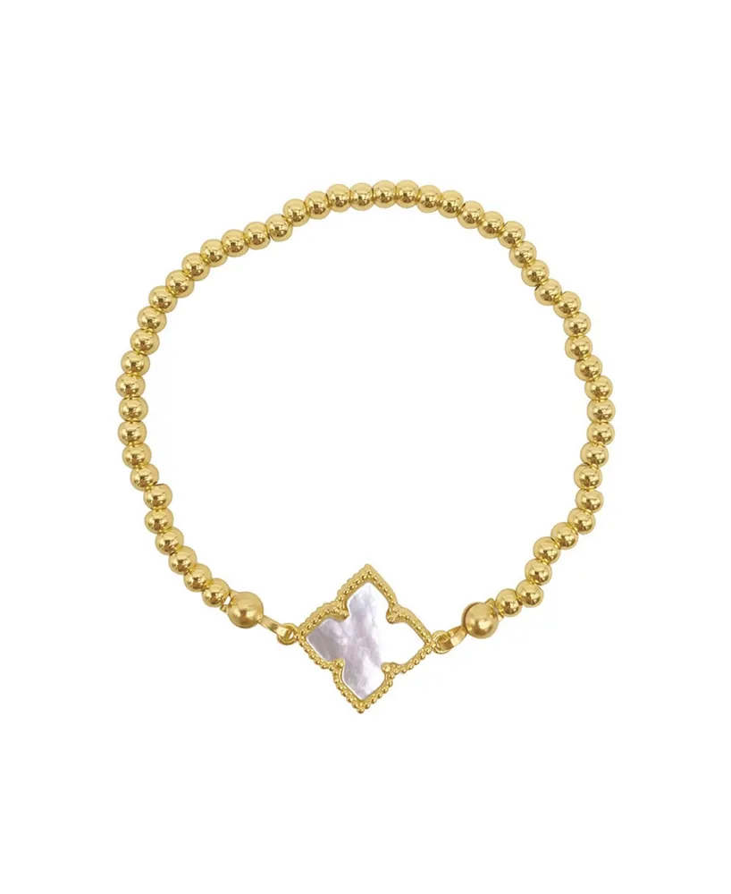 Adornia White Mother of Imitation Pearl Flower Centerpiece Stretch Gold-Tone Ball Bracelet