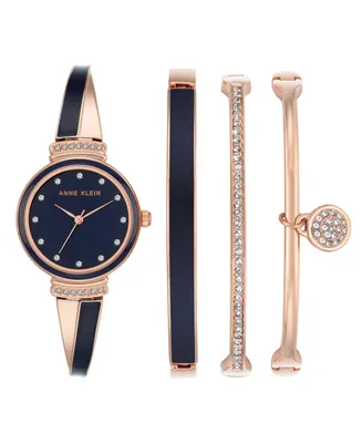 Anne Klein Women's Rose Gold-Tone Alloy Bangle with Navy Enamel and Crystal Accents Fashion Watch 33.5mm Set 4 Pieces