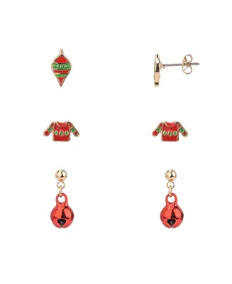 Fao Schwarz Ugly Sweater, Ornament and Jingle Ball Trio Earring Set, 6 Pieces