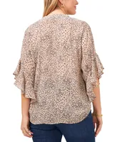 Vince Camuto Plus Cheetah Print Flutter-Sleeve Pintucked Henley Blouse