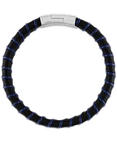 Esquire Men's Jewelry Woven Black & Blue Leather Bracelet in Sterling Silver, Created for Macy's