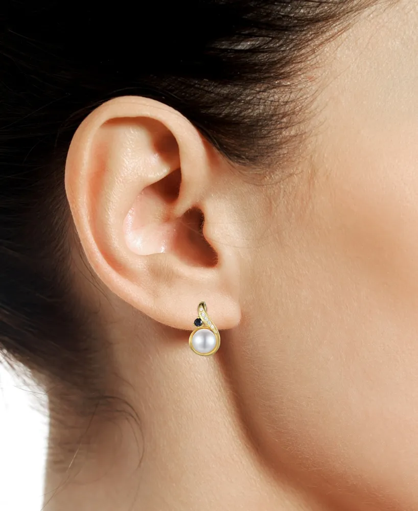 Cultured Freshwater Pearl (6mm), Onyx, & Diamond Earrings in 10k Gold