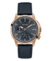 Guess Men's Rose Gold-Tone Navy Genuine Leather Multi-Function Strap Watch, 44mm