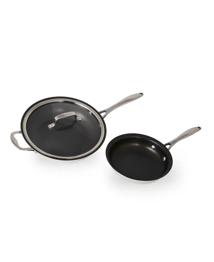 Wolfgang Puck 3-Piece Stainless Steel Skillet Set, Scratch-Resistant Non-Stick Coating, Includes a Large and Small Skillet, Clear Tempered