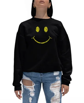 La Pop Art Women's Be Happy Smiley Face Word Crewneck Sweatshirt