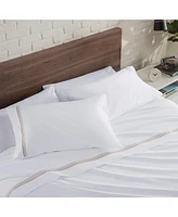 Aston and Arden Sateen Queen Sheet Set, 1 Flat Sheet, Fitted 2 Pillowcases, 600 Thread Count, Cotton, Pristine White with Fine Baratta