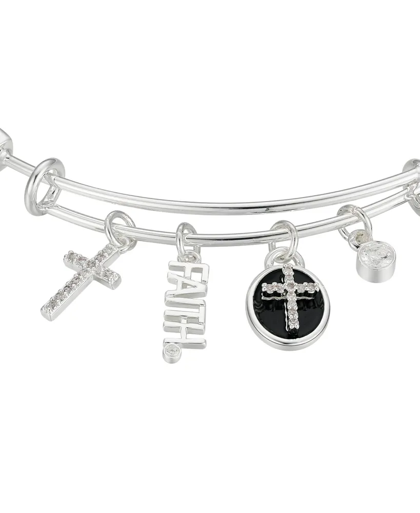 Unwritten Silver-Plated Cross "Faith" Multi Charm Twist Design Bangle Bracelet
