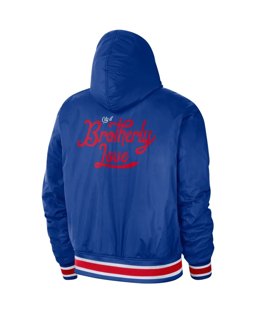 Men's Nike Blue, Red Philadelphia 76ers 2022/23 City Edition Courtside Bomber Full-Zip Hoodie Jacket