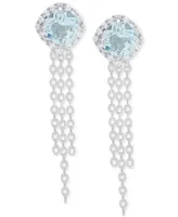 Blue Topaz (1-1/4 ct. t.w.) & Lab grown White Sapphire (1/6 ct. t.w.) Cushion Halo Chain Drop Earrings in Sterling Silver