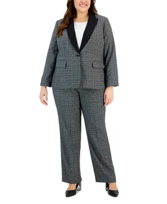 Le Suit Plus Contrast-Collar Windowpane Check Pantsuit