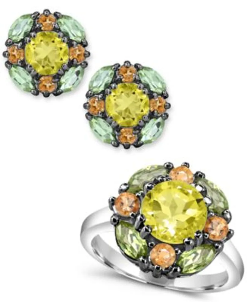 Multi Gemstone Cluster Stud Earrings Ring Collection In Sterling Silver