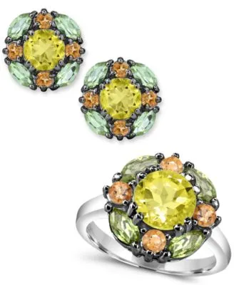 Multi Gemstone Cluster Stud Earrings Ring Collection In Sterling Silver